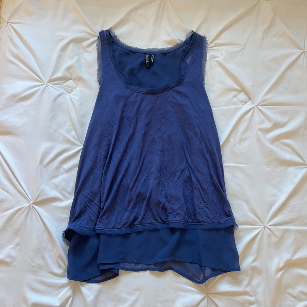 Guess by Marciano navy blue flowy mesh distressed tunic tank top